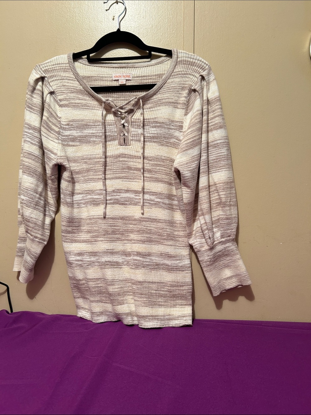 Knox Rose Lace-Up Striped Long Sleeve Top - Light Gray & Cream